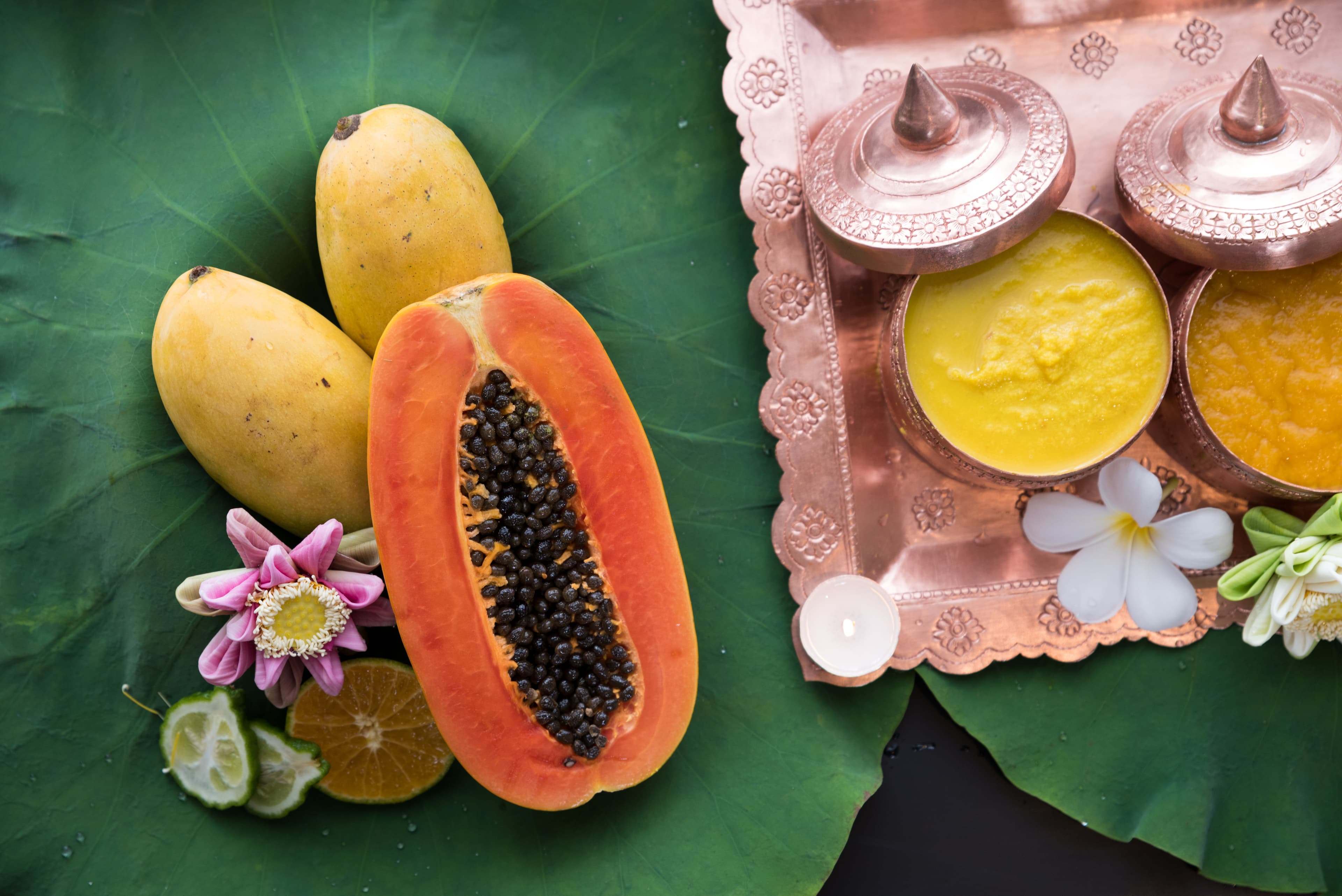 Fresh tropical fruits and spa items